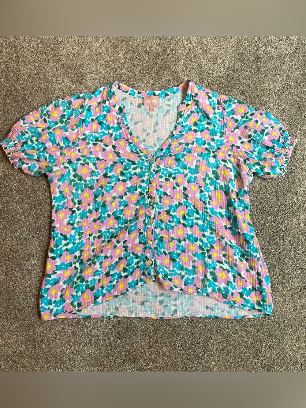 Show Me Your Mumu Pastel Floral Button-Front Top in Pink, Teal & Yellow